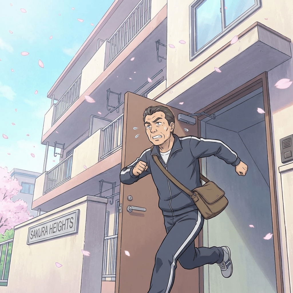 Man in blue tracksuit frantically running out of the Sakura Heights apartment building door.