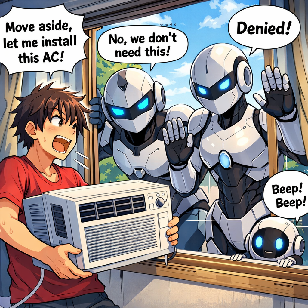 Young man holding air conditioner blocked by robots denying installation