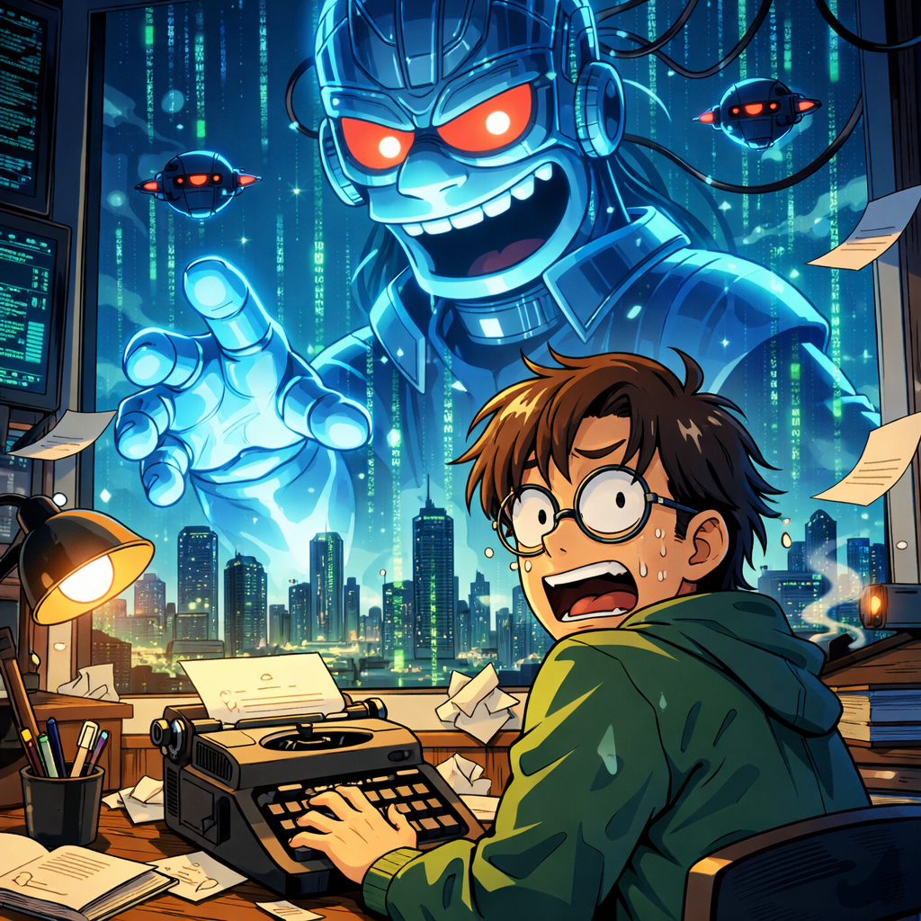 Nervous writer at typewriter with giant robotic figure and drones in glowing city background