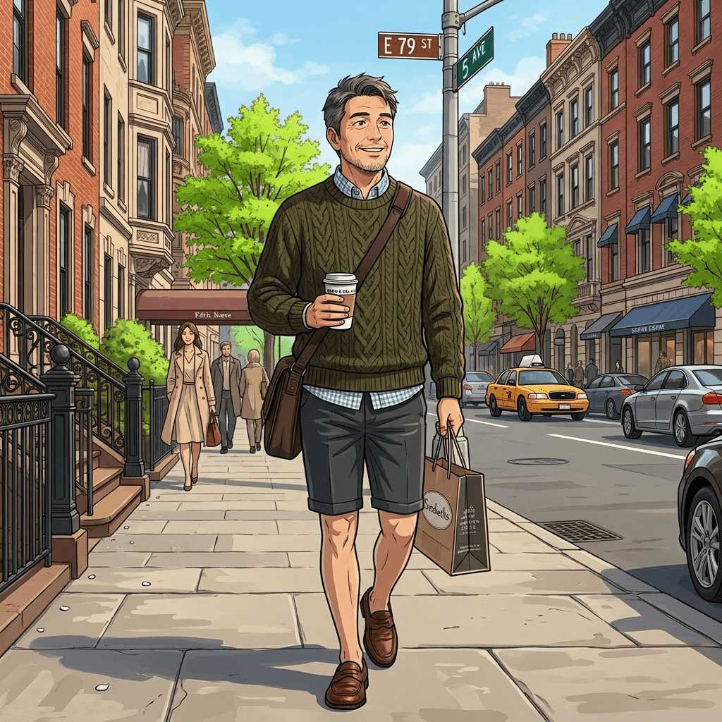 Man walking on city sidewalk holding coffee cup and shopping bag with fall trees