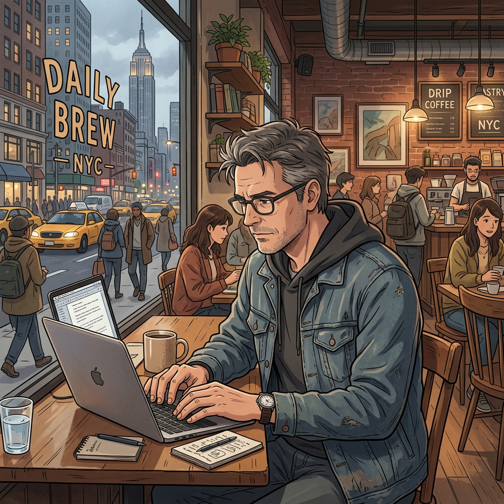 Man typing on laptop in a busy NYC coffee shop with pedestrians outside