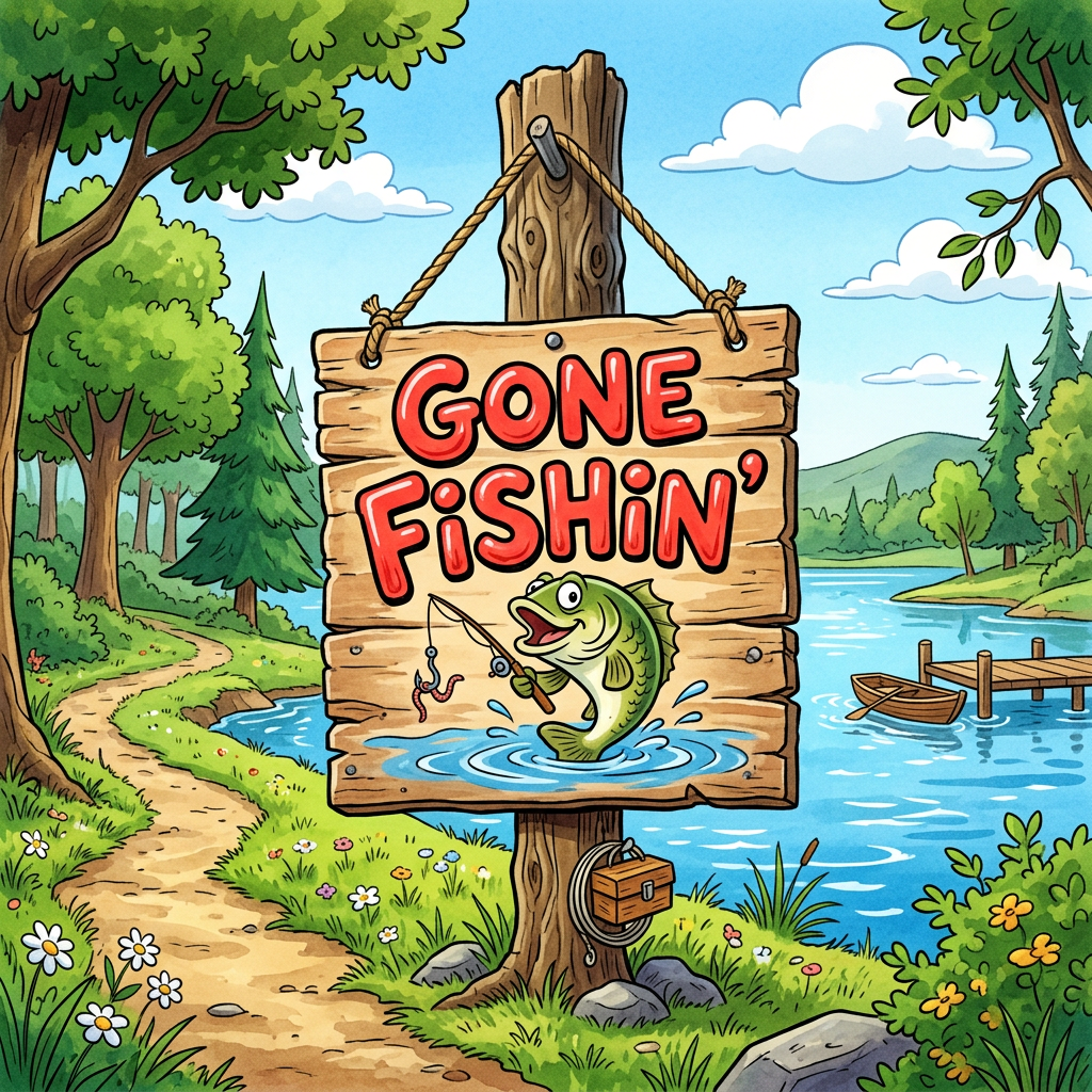Wooden sign reading 'Gone Fishin'' with cartoon fish and fishing rod by lake and dock