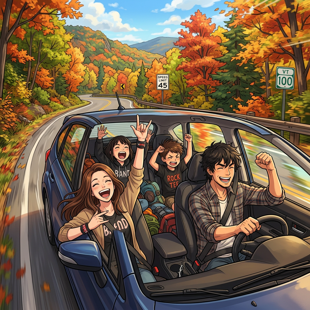 Four people in a car driving through a forest with vibrant fall colors, all cheering and smiling