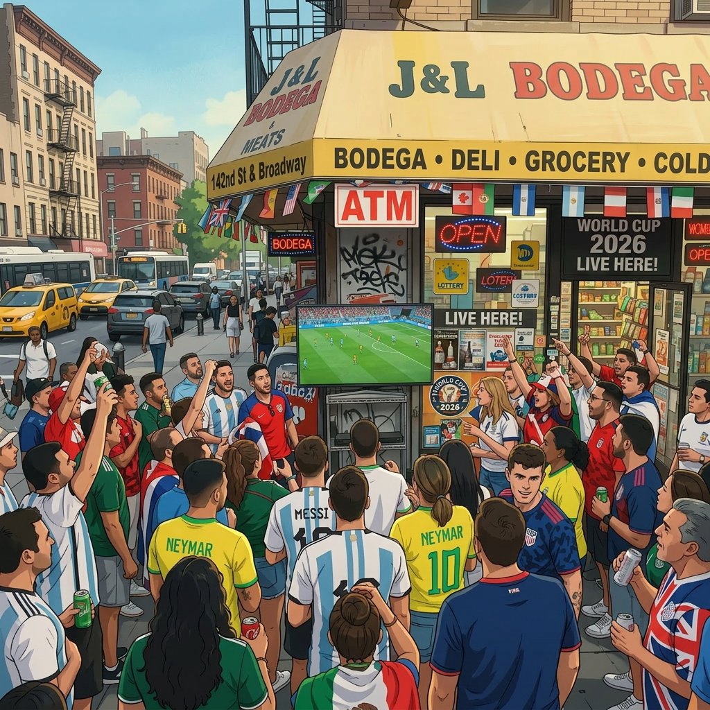 Group of diverse soccer fans watching a live match outside a neighborhood bodega