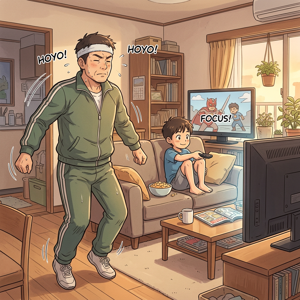 Father exercising indoors by jumping, sweat on face, son sitting on couch watching TV with remote