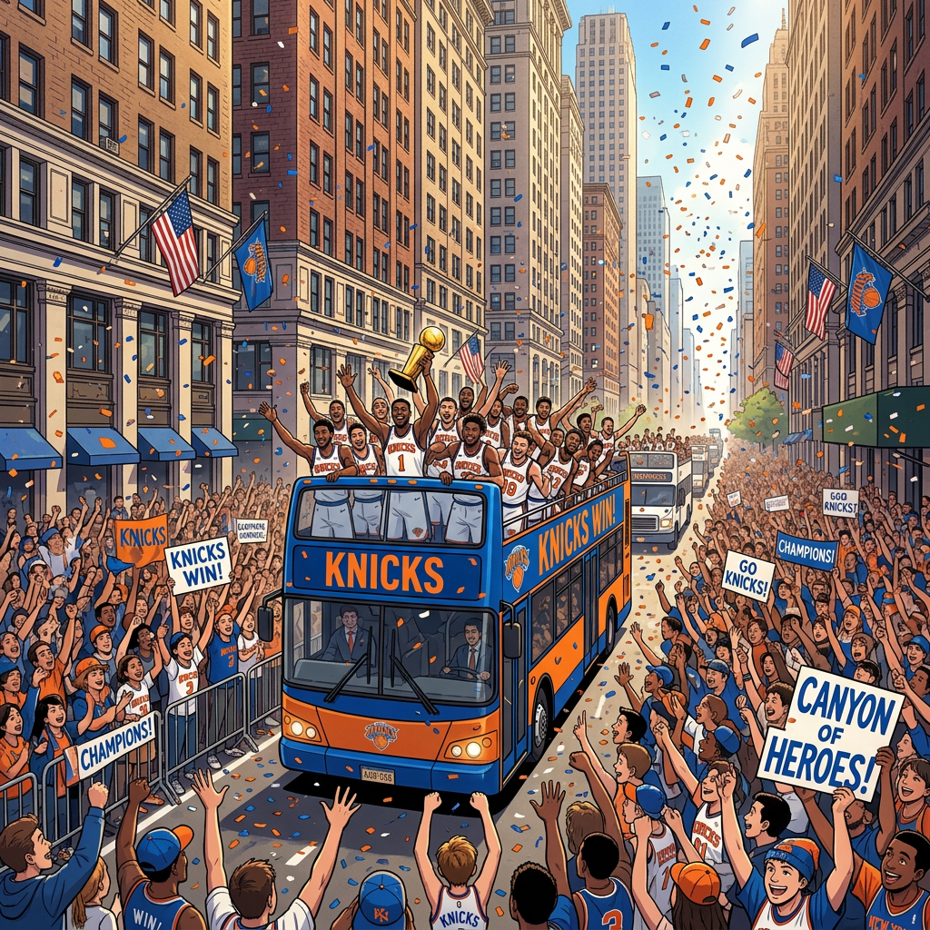 Knicks basketball team on a bus celebrating championship win with fans cheering
